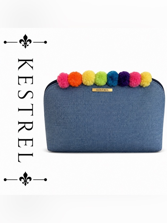 Kestrel Handbags - Kestrel Denim Cosmetic Bag Rainbow Pom Pom Makeup Pouch Travel Case